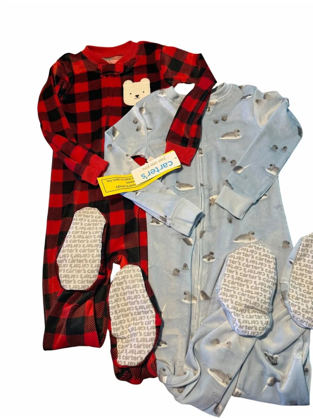 Carter's Red Buffalo Plaid & Light Blue Whale Print One-Piece Footies - 2-Pack